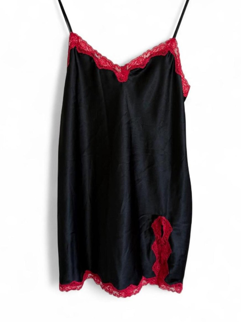 Y2K 2001 Victoria Secret Black Slip dress with red lace trim.